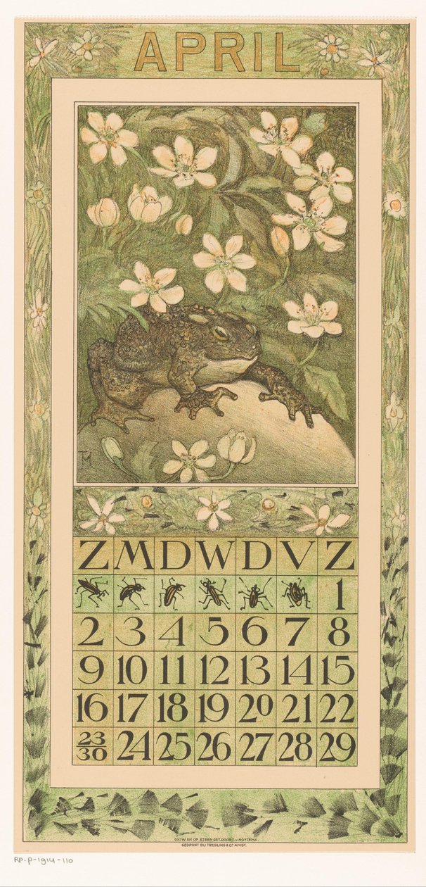 Április naptári lap békával Kalendárium 1911 12 litográfia Th. v. Hoytema (sorozat címe) Út a virágok alatt alkotó: Theo van Hoytema