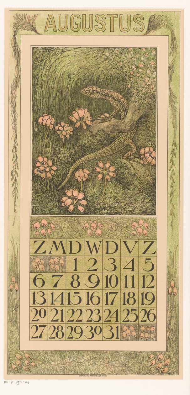 Augusztusi naptároldal gyíkkal és hangával Kalendárium 1911 12 litográfia Th. v. Hoytema (sorozat címe) alkotó: Theo van Hoytema