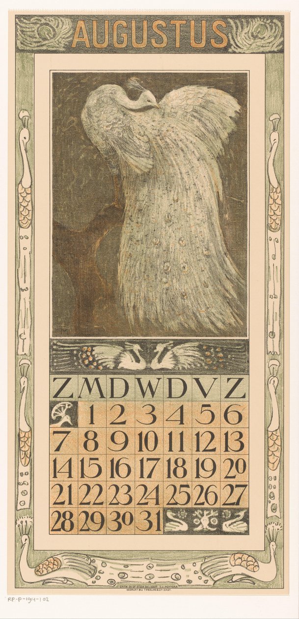 Augusztusi naptároldal fehér pávával Kalendárium 1910 12 litográfia Th. v. Hoytema (sorozat címe) alkotó: Theo van Hoytema