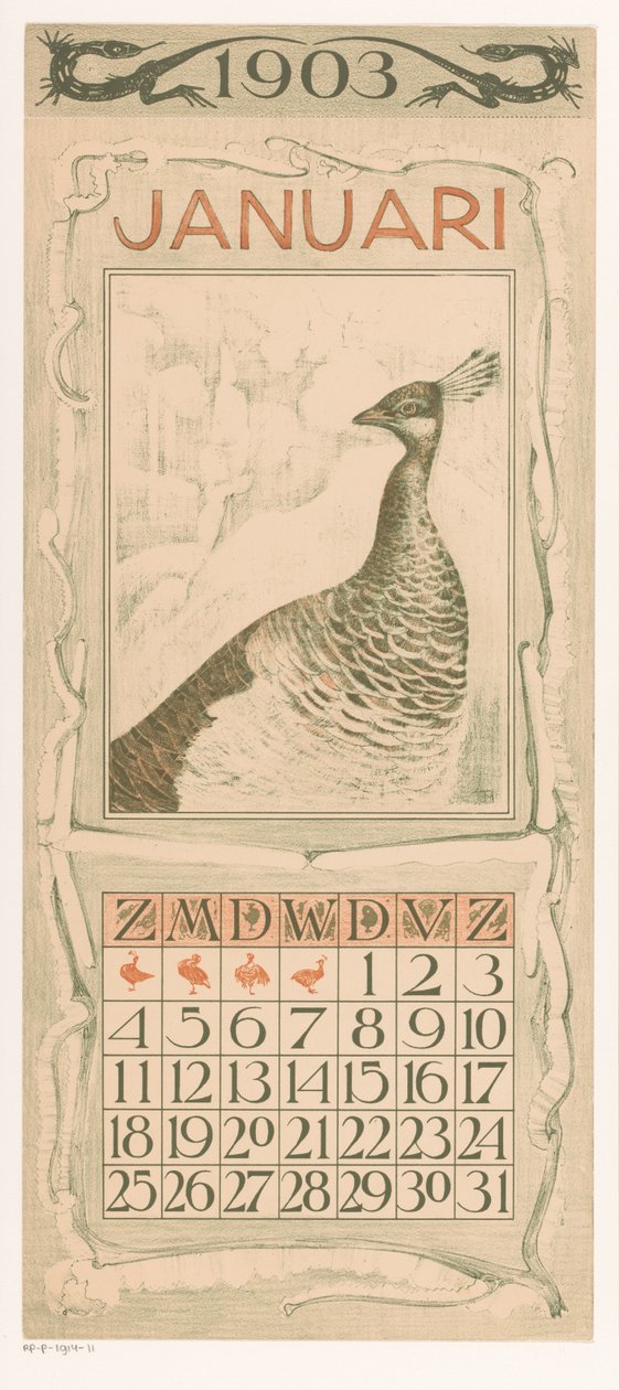 Januári naptárlap pávával Kalendárium 1903 12 litográfia Th. v. Hoytema (sorozat címe) alkotó: Theo van Hoytema
