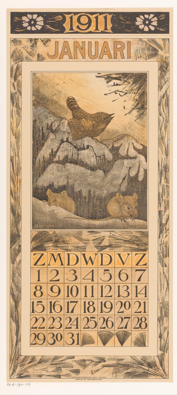 Januári naptárlap ökörszemekkel és egerekkel Kalendárium 1911 12 litográfia Th. v. Hoytema (sorozat címe) alkotó: Theo van Hoytema