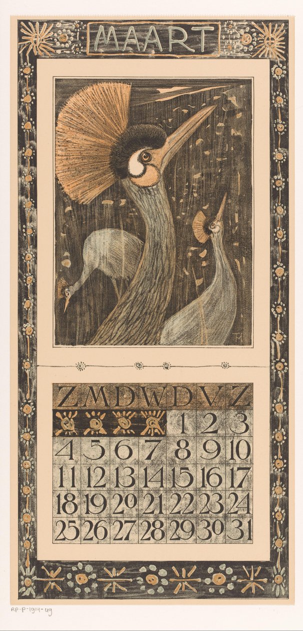 Naptárlap Március koronadarukkal Kalendárium 1906 12 litográfiája Th. v. Hoytema (sorozat címe) alkotó: Theo van Hoytema
