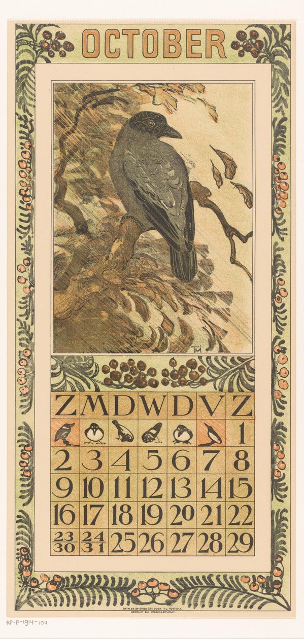 Októberi naptár oldal színes varjúval Kalendárium 1910 12 litográfia Th. v. Hoytema (sorozat címe) alkotó: Theo van Hoytema