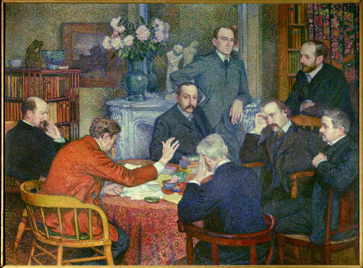 La Lecture (1903), Emile Verhaeren (1855-1916), belga szocialista költő, Cross festő, Maurice Maeterlinck, Andre Gide és Francis Viele-Griffin írók, Henri Gheon biológus, Felix Le Dantec orvos és Felix Feneon, aki cigarettázik. , s alkotó: Théo van Rysselberghe