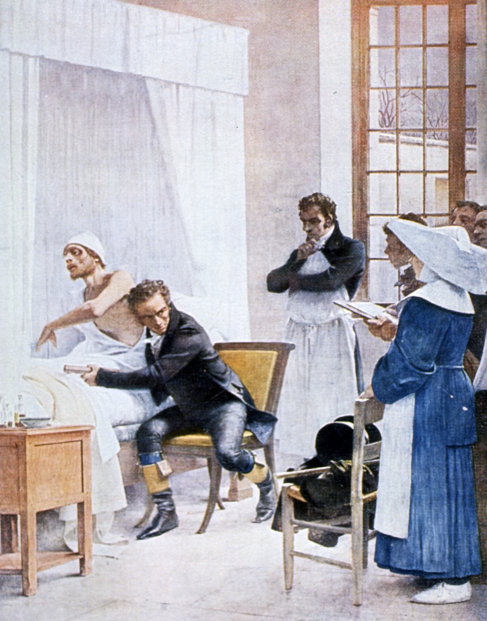 Rene Laënnec (1781-1826) fogyasztástól szenvedő férfi mellkasát hallgatja a Necker Kórházban, 1816 alkotó: Theobald Chartran