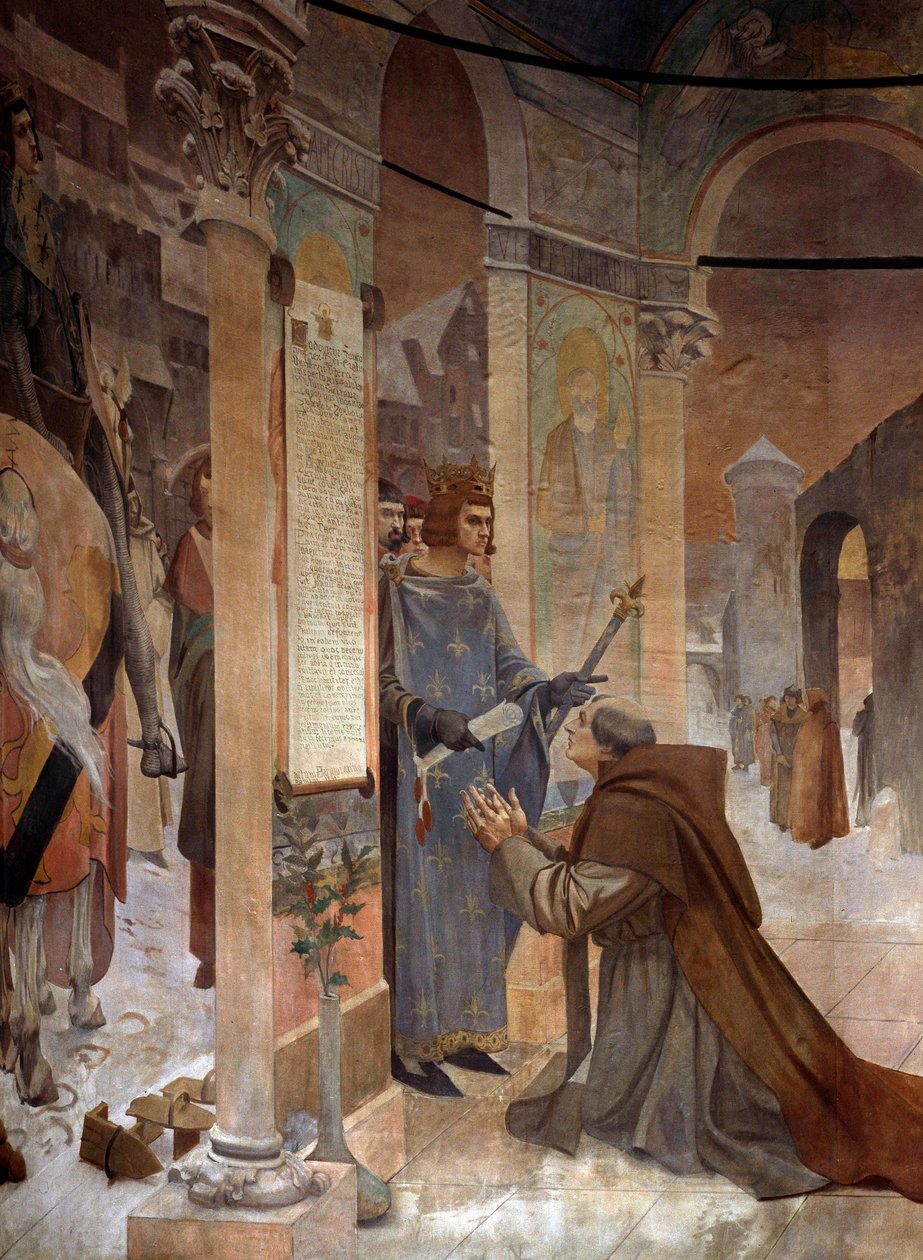 IX. Lajos (Szent Lajos) király (1214-1270) átadja a Sorbonne-i Főiskola alapító okiratát Robert de Sorbonnak (1201-1274), gyóntatójának 1257-ben Theobald Chartran (1849-1907) festménye Párizs, La Sorbonne alkotó: Theobald Chartran