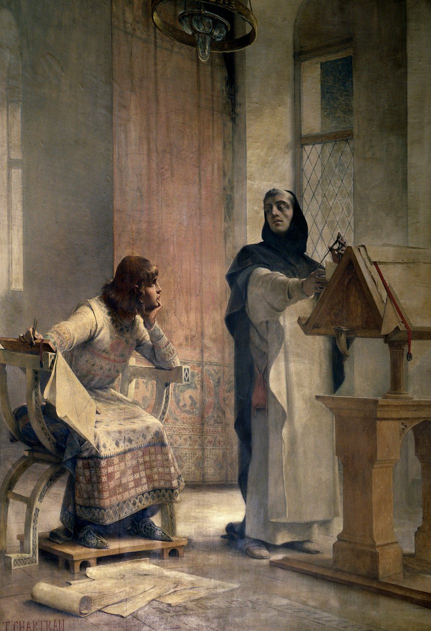 IX. Lajos (1214-1270), mielőtt Franciaország királya lett volna, matematikát tanult Vincent de Beauvais (1190-1264), domonkos testvérnél a royaumonti apátságban. Theobald Chartran (1849-1907) festménye. Párizs, La Sorbonne alkotó: Theobald Chartran