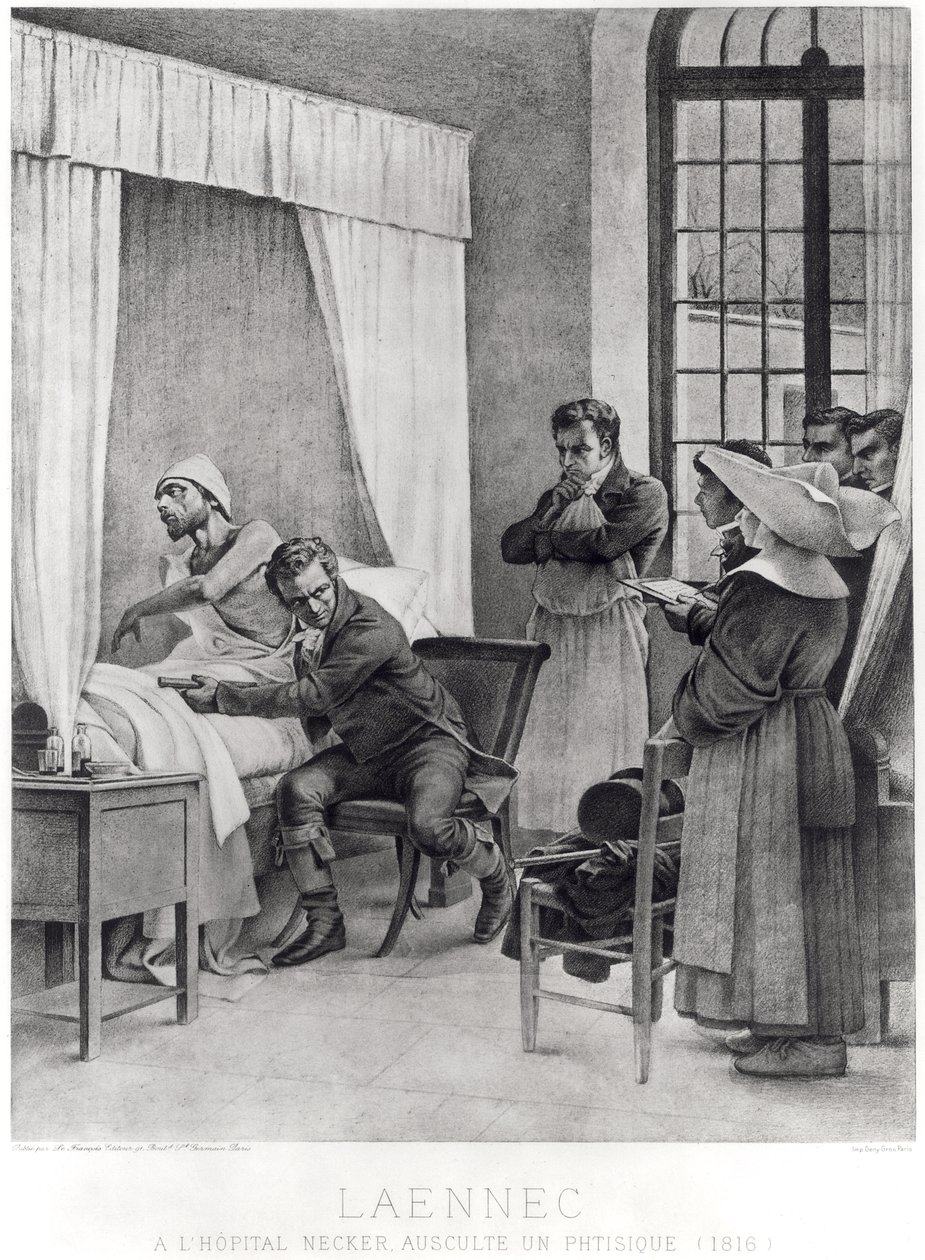 Rene Theophile Hyacinthe Laennec (1781-1826) fogyasztással hallgatja egy férfi mellkasát, 1816 alkotó: Theobald Chartran