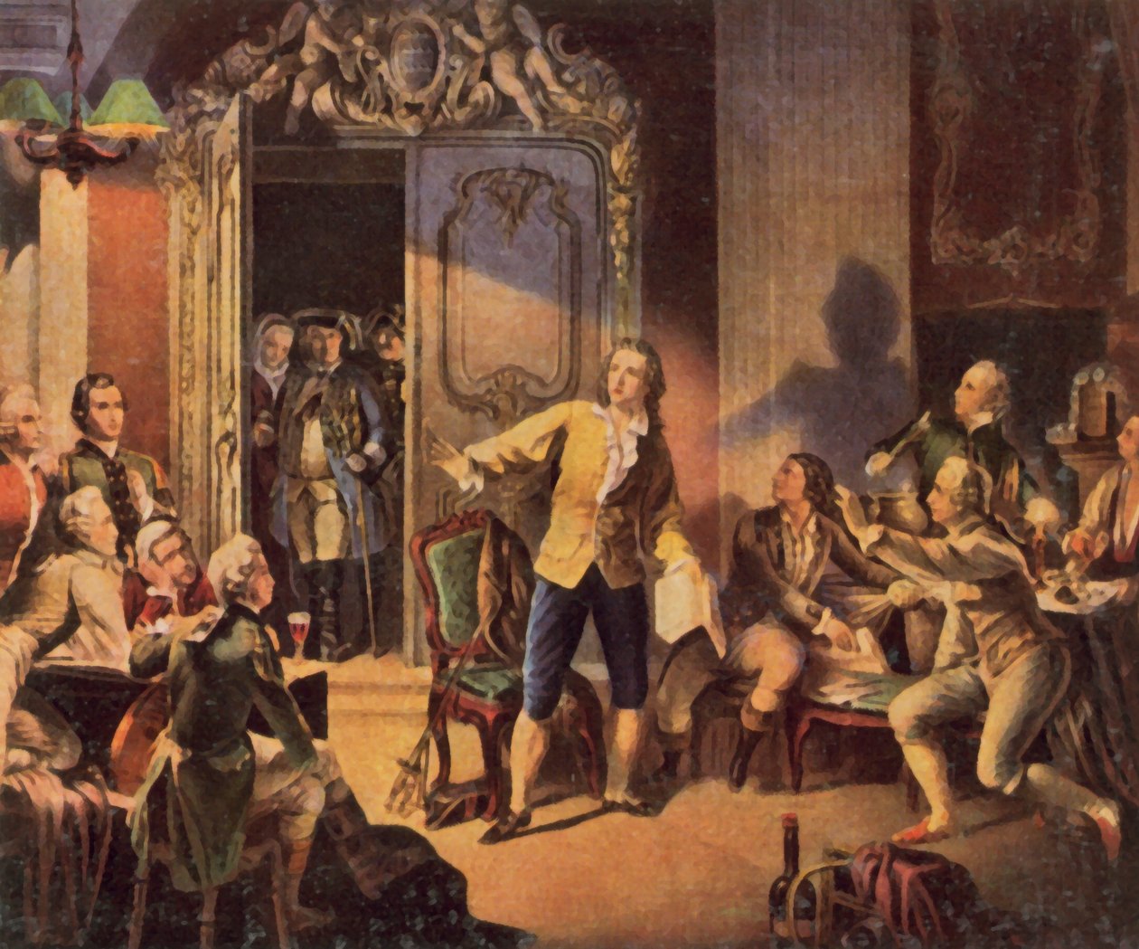 Schiller felolvassa első drámáját, "A rablók" című művét (nagyított színes lithó) alkotó: Theobald Reinhold von Oer