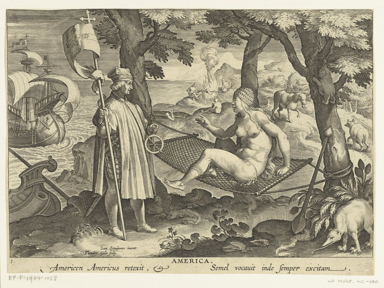 Amerigo Vespucci Amerikába veti a lábát Amerika. Americen Americus reexit. Semel vocauit inde semper excitam (cím az objektumon) Új találmányok és felfedezések (sorozat címe) Nova Reperta (sorozat címe) alkotó: Theodoor Galle