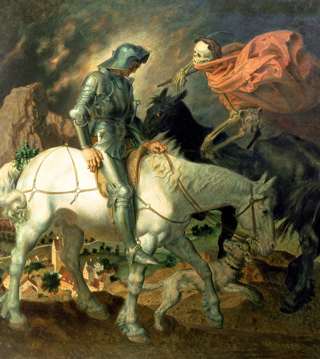 Don Quijote a halállal, Albrecht Durer (1471-1528) „A lovag, a halál és az ördög” című művéből, 1920 körül (panel) alkotó: Theodor Baierl