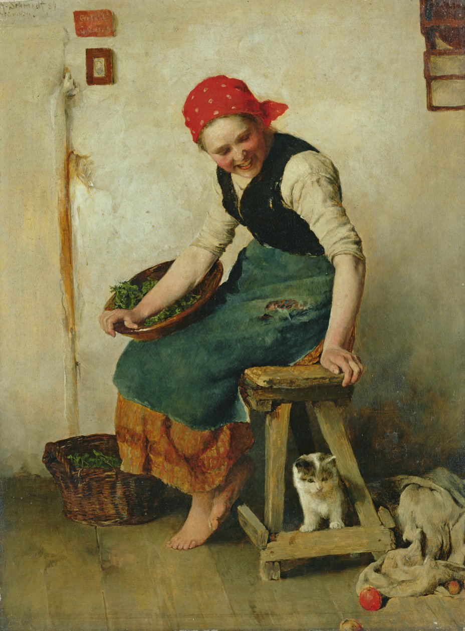 Fiatal lány macskával, 1884 (olaj, papír) alkotó: Theodor Schmidt