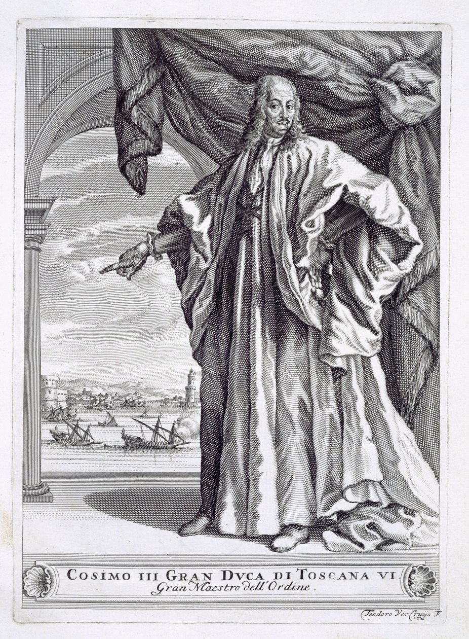 Cosimo III de Medici (1642-1723) portréja, az I. Pregi della Toscana előképe, Fulvio Fontana, megjelent 1701 alkotó: Theodor Verkruis