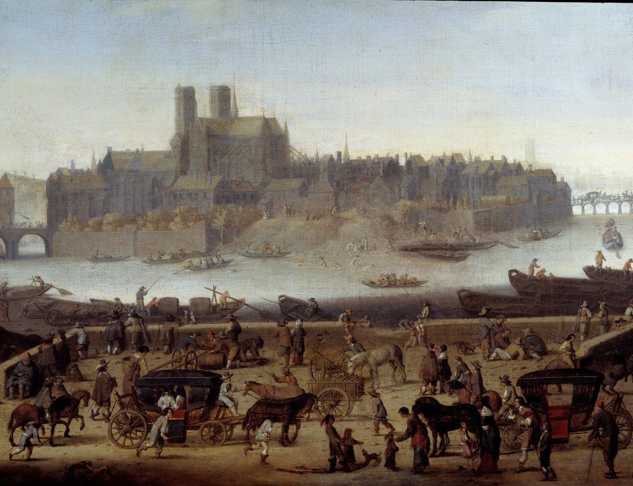 A rakpart és a Tournelle híd Párizsban. Kilátás a dokkra és La Cite szigetére. Theodor Matham (1606-1676) festménye 1646 Párizs, Carnavalet Múzeum alkotó: Theodor (attr. to) Matham