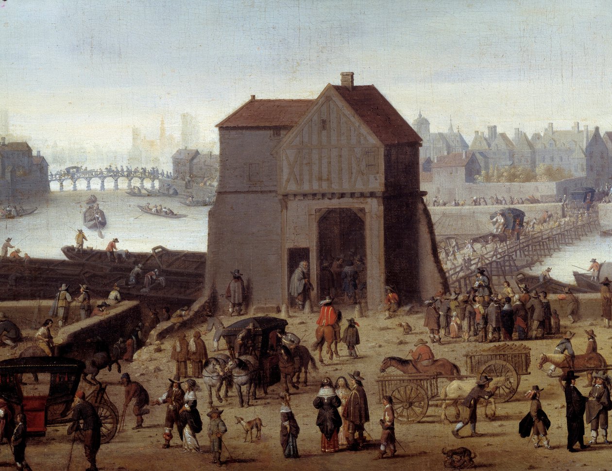 A Tournelle Detail mólója és hídja. Carosses és járókelők a dokkban. Theodor Matham (1606-1676) festménye 1646 Párizs, Carnavalet múzeum alkotó: Theodor (attr. to) Matham