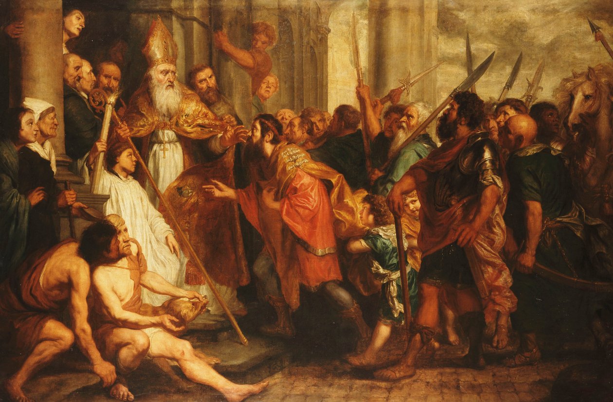 Szent Ambrus, Milánó püspöke, aki megtagadja Theodosius császár belépését a milánói dómba alkotó: Theodor Boeyermans