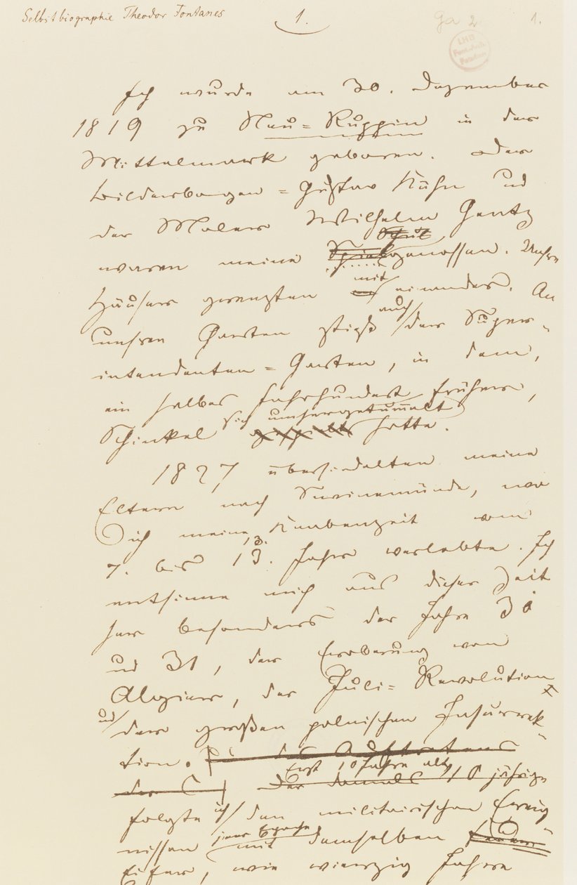 Oldal Fontane önéletrajzából (toll és tinta papíron) alkotó: Theodor Fontane