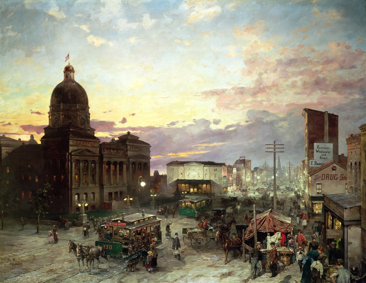Washington Street, Indianapolis alkonyatkor (olaj, vászon) alkotó: Theodor Groll