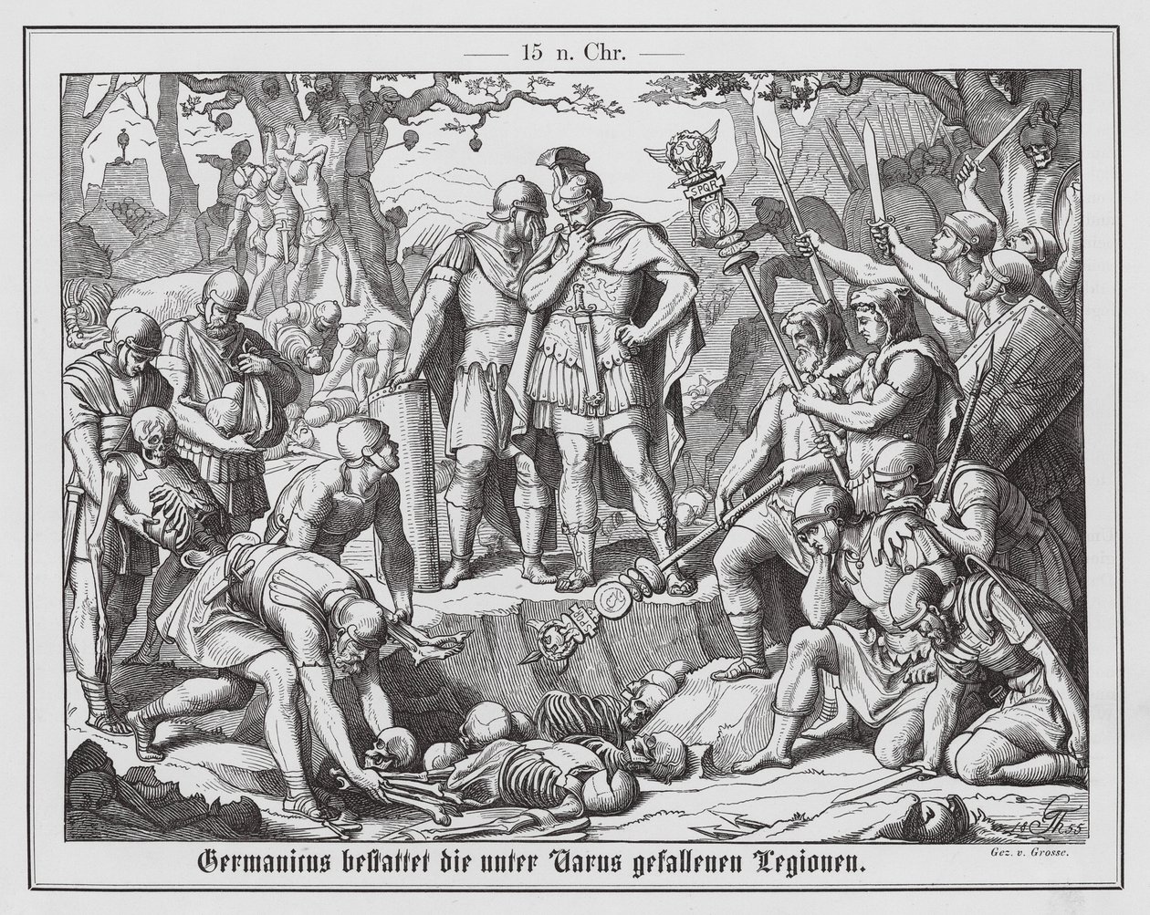 Germanicus a hat évvel korábbi teutoburgi csatában elesett római katonák holttestének eltemetése. alkotó: Theodor Grosse