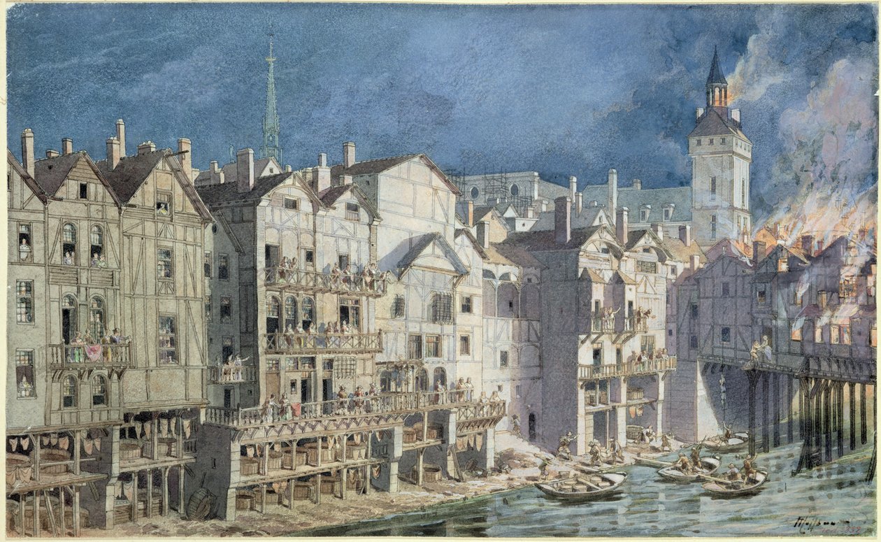 Tűz a Pont aux Meuniers-nél 1621-ben (toll, tinta és WC papíron) alkotó: Theodor Josef Hubert Hoffbauer