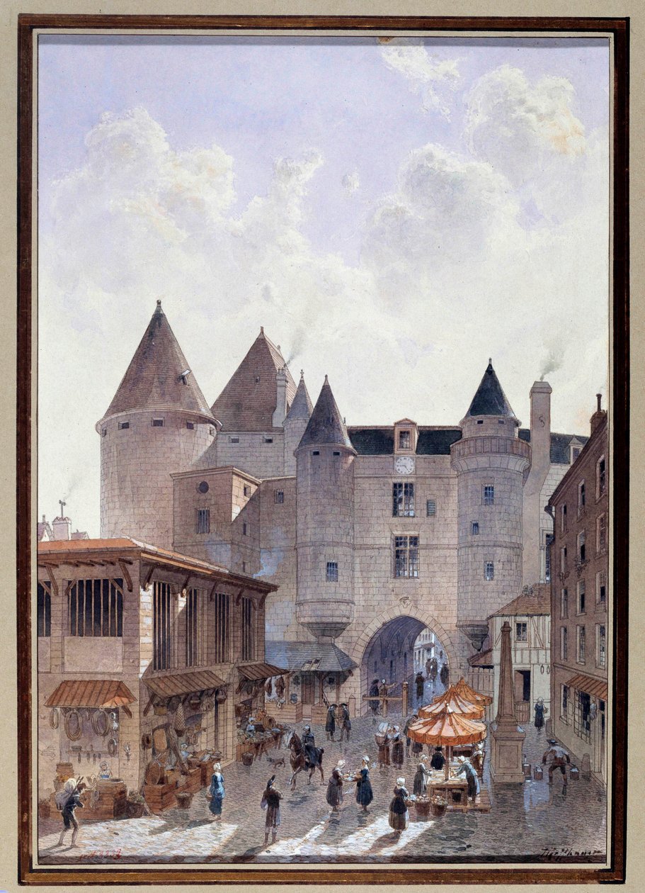 Kilátás a Grand Chatelet-re a Rue Saint Denis-ről Párizsban, Theodor Joseph akvarellje alkotó: Theodor Josef Hubert Hoffbauer