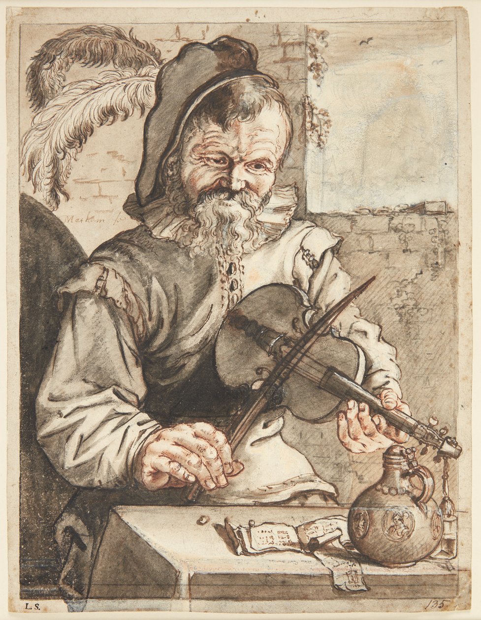 Hegedűs, félig figurázva, asztal előtt ül kottával, dobbal és pohárral alkotó: Theodor Matham