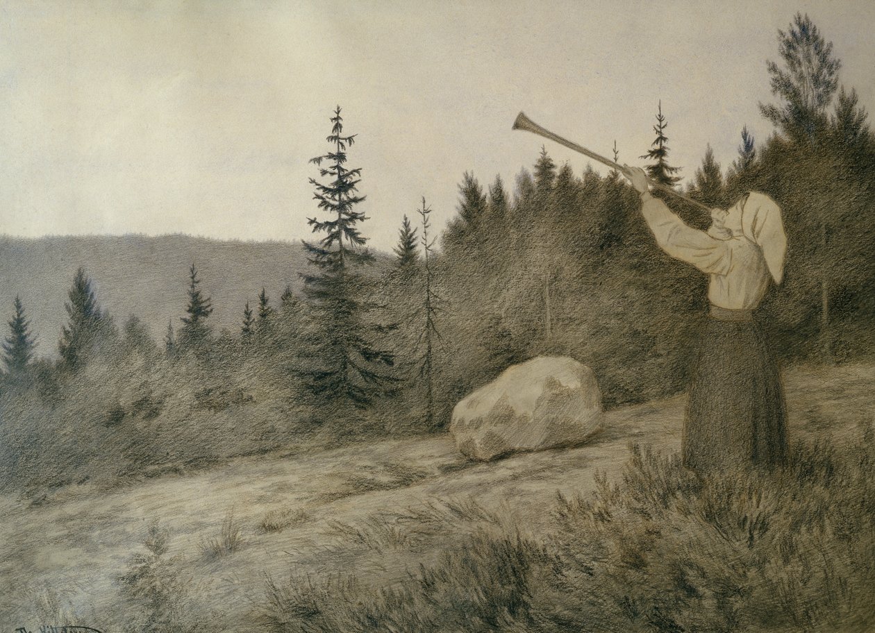Fent a hegy alatt megszólal egy fafúvós hangszer alkotó: Theodor Kittelsen