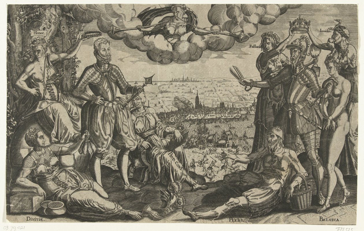 Oranje és Alva összehasonlítása, a spanyol dühvel a háttérben, 1577 körül alkotó: Theodor de Bry (attributed to)