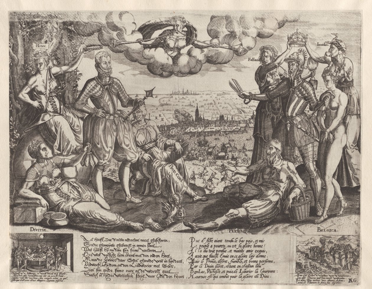 Oranje és Alva összehasonlítása, a spanyol dühvel a háttérben, 1577 körül alkotó: Theodor de Bry (attributed to)