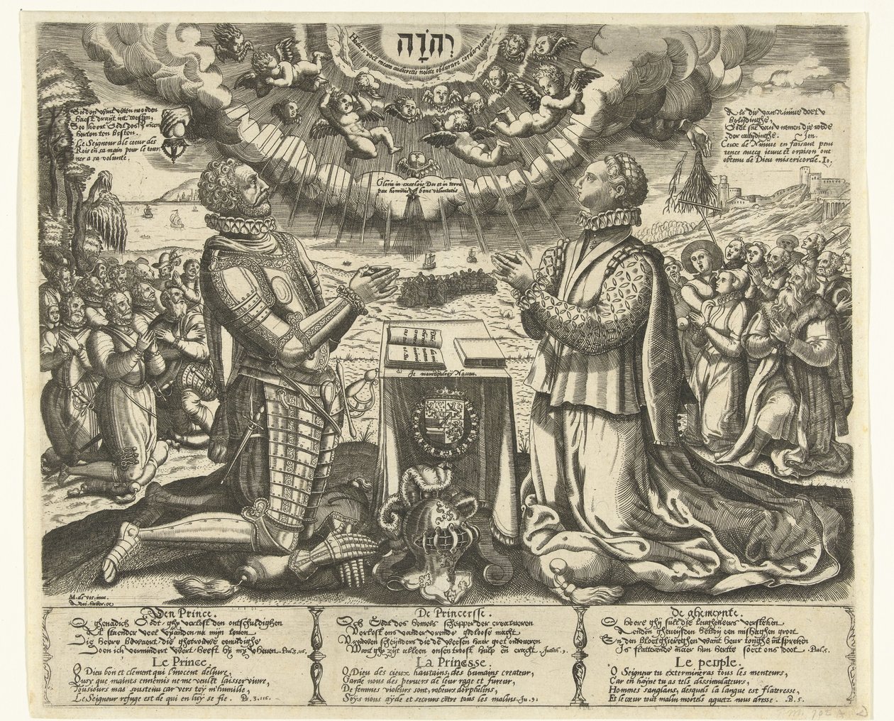 Orániai Vilmos és Bourbon Charlotte térdelnek egy tájban alkotó: Theodor de Bry (attributed to)