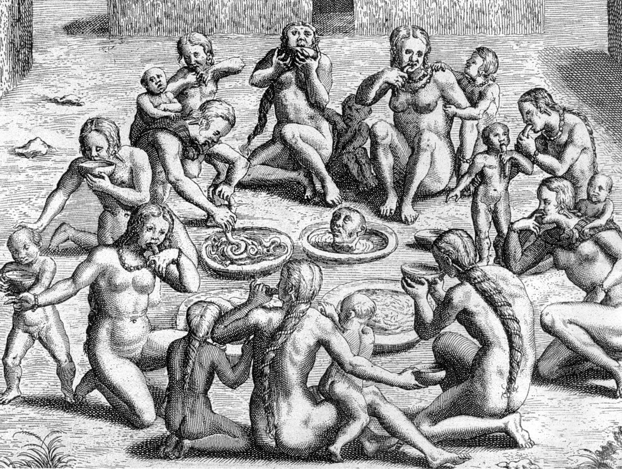 A belekből húslevest készítenek: kannibalizmus indiánok részéről az Újvilágban (Amazónia), Theodore de Bry metszete az 1578-ban megjelent "Le Voyage au Brezil de Jean de Lery 1556-1558" című könyvéhez alkotó: Theodor de Bry