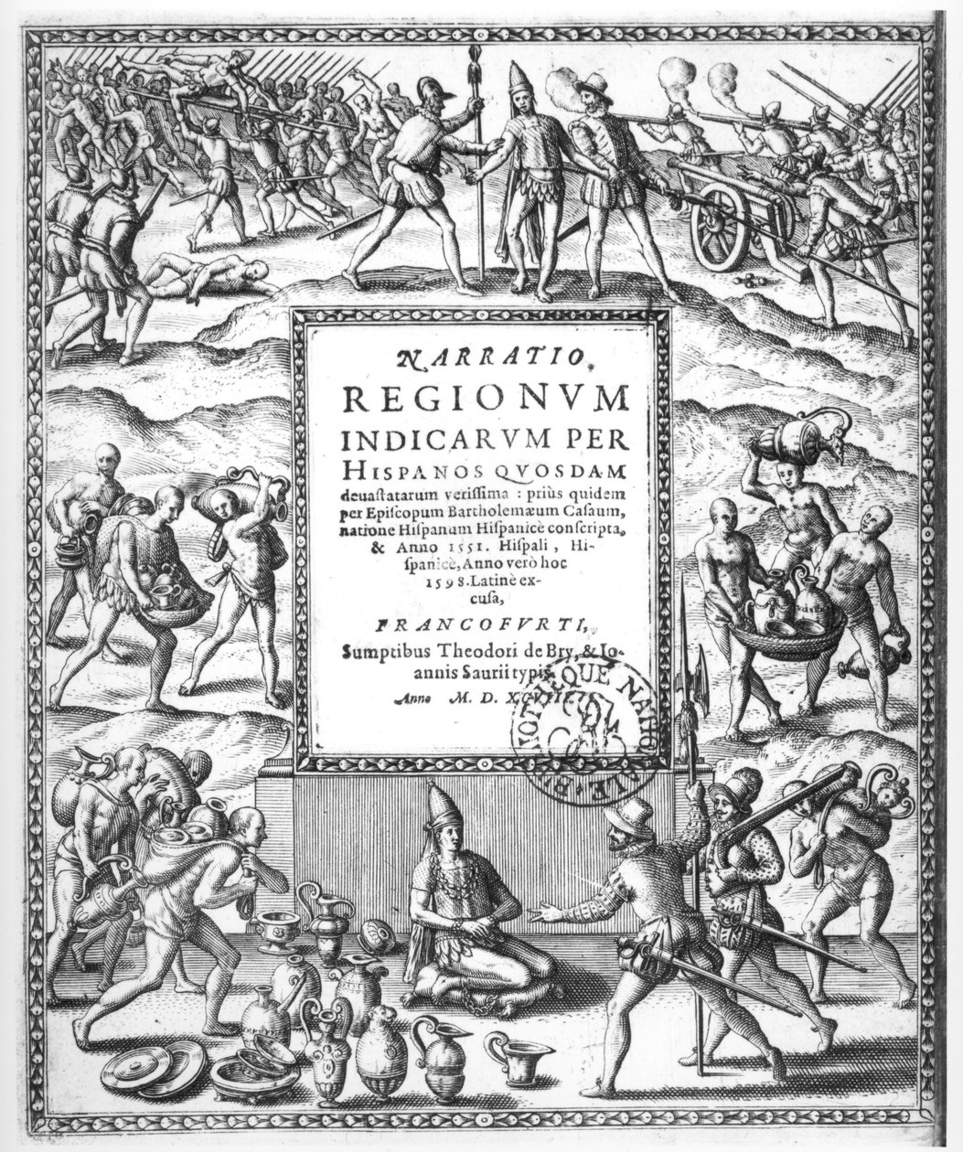 Bartholome de Las Casas (1474-1566) elítéli az indiánokkal szembeni kegyetlen bánásmódot a konkvisztádorok részéről, a "Narratio Regionum Indicarrum per Hispanos"-ból (metszet) (fekete-fehér fotó). alkotó: Theodor de Bry