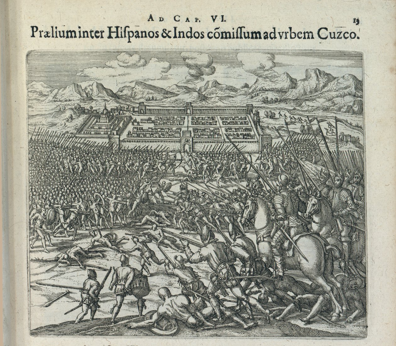 Harc a spanyolok és az indiánok között Cuzco kapujában, 1596. alkotó: Theodor de Bry