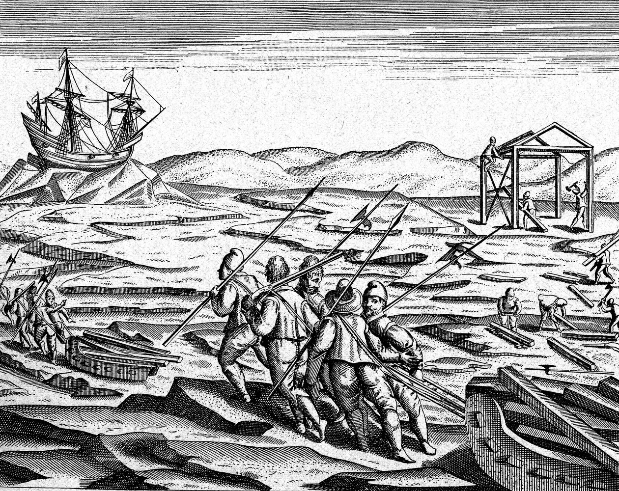 Téli ház építése az Északi-sarkon, 1600 körül (metszet) alkotó: Theodor de Bry