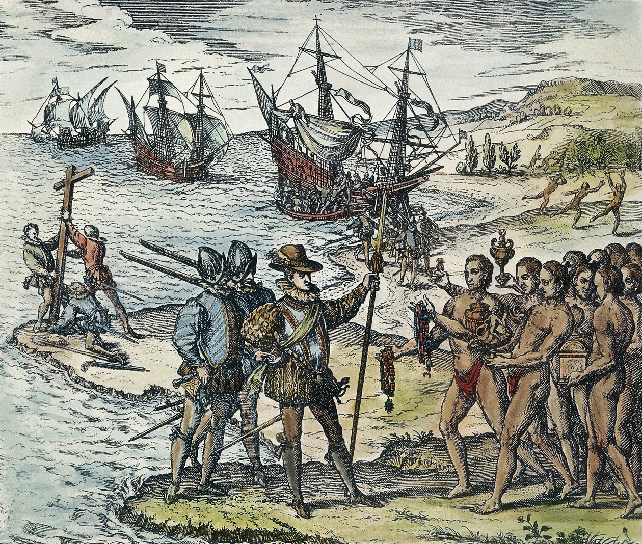 Kolumbusz partraszállás Indiában. 1594 (xilográfia) alkotó: Theodor de Bry