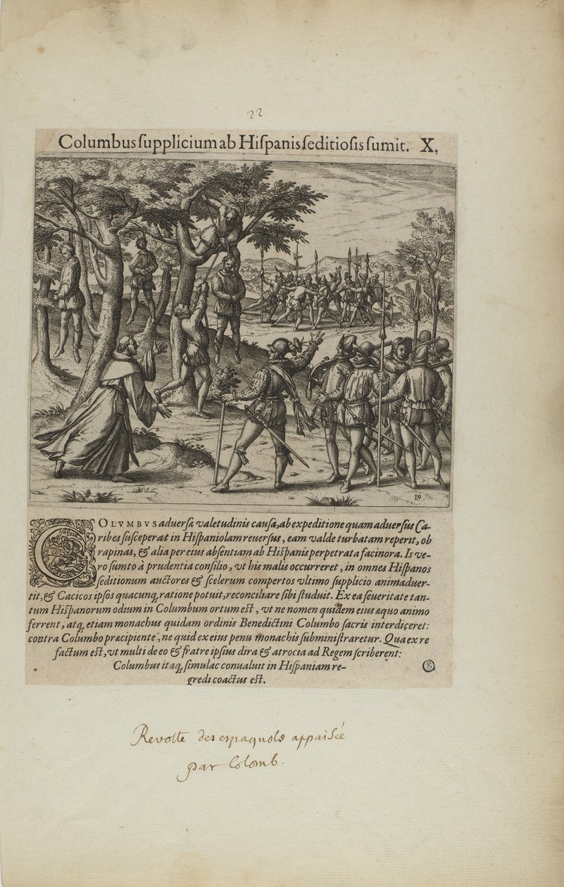 Columbus Supplicium ab Hispanis Seditiosis Sumit. X. (a könyvből, Americae, negyedik rész) alkotó: Theodor de Bry