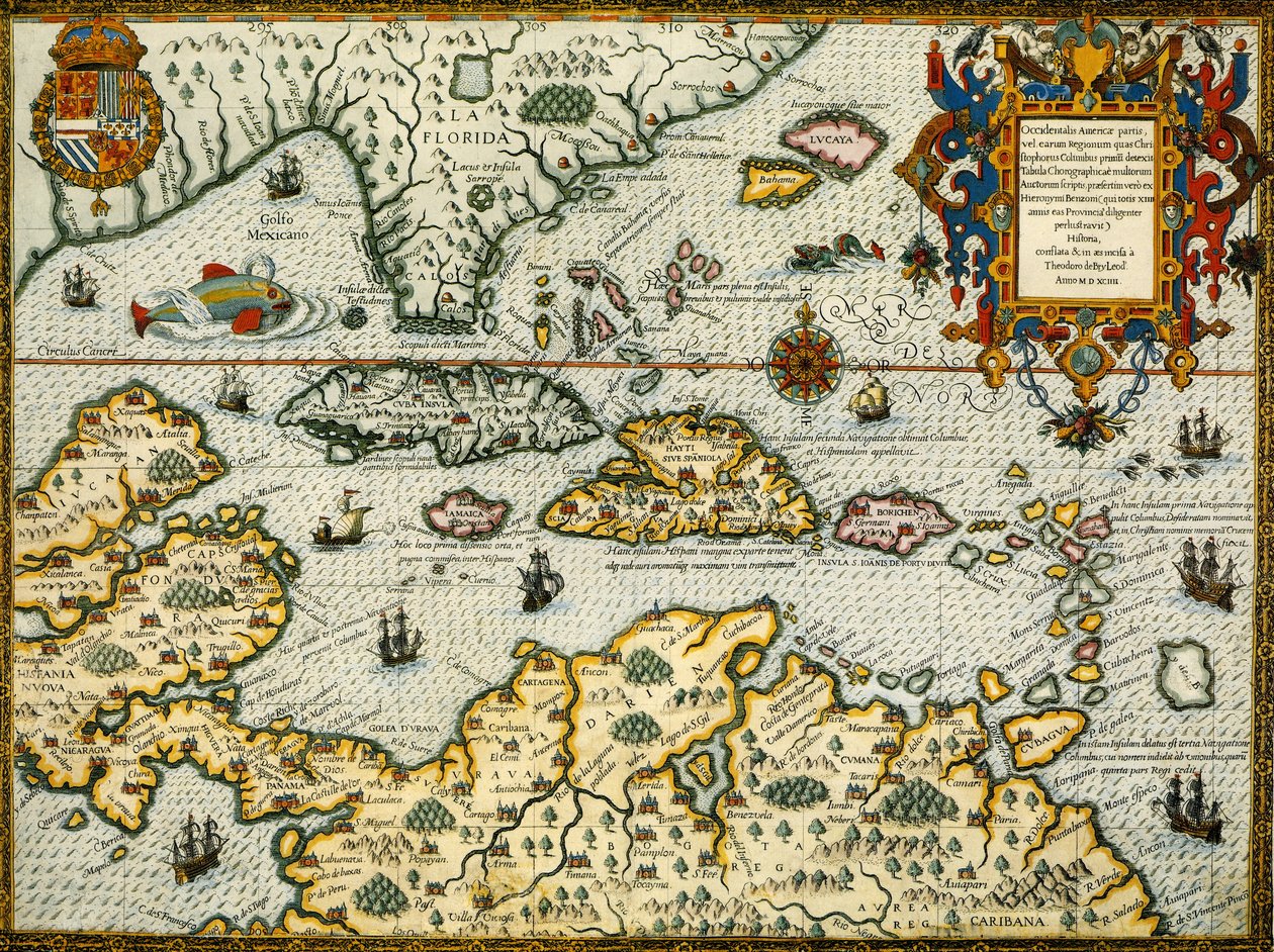 DeBry térkép a Karib-térségről és Floridáról1594 alkotó: Theodor de Bry