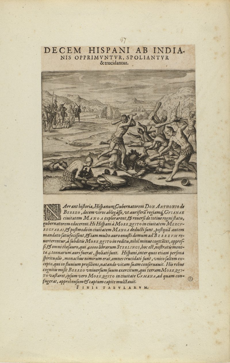 Decem Hispani ab India-/nis Opprimuntur, Spoliantur/and Trucidantur. (a könyvből, Americae, hetedik és nyolcadik rész) alkotó: Theodor de Bry