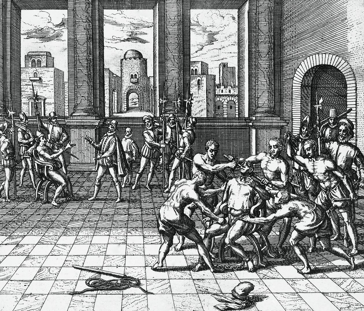 Atahualpa inka császárt Pizarro csapatai védik, július 26. alkotó: Theodor de Bry