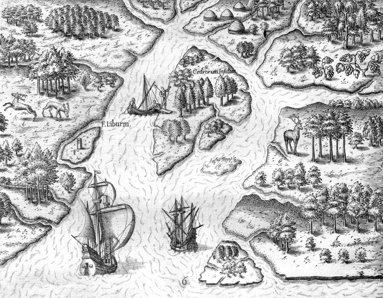 Jean Ribault a francia király címerével ellátott oszlopot állít fel Charlesfortban. alkotó: Theodor de Bry
