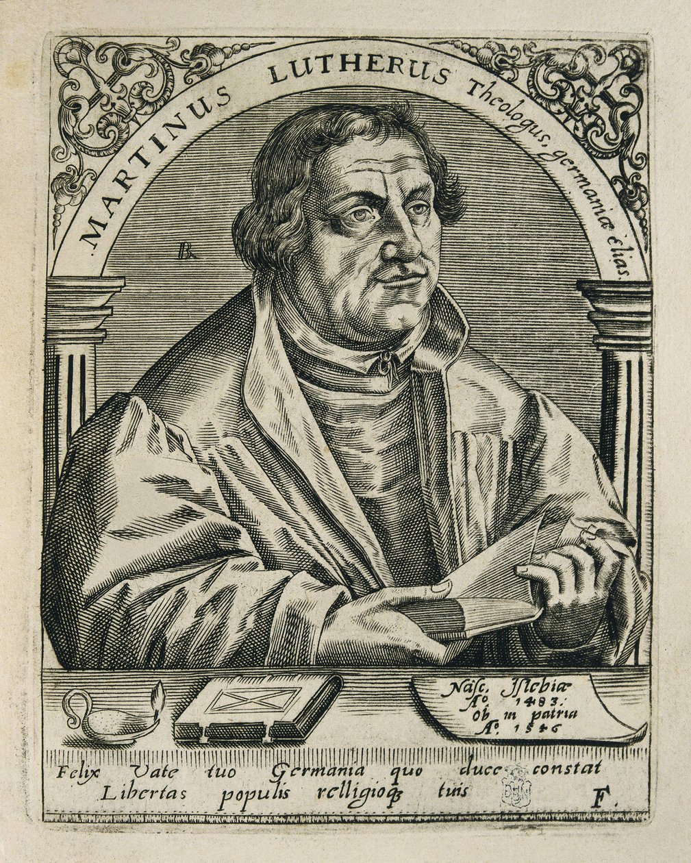 LUTHER, Márton (1483-1546). német vallási reformátor. Metszés. SPANYOLORSZÁG. MADRID (AUTONÓM KÖZÖSSÉG). Madrid. Nemzeti Könyvtár alkotó: Theodor de Bry