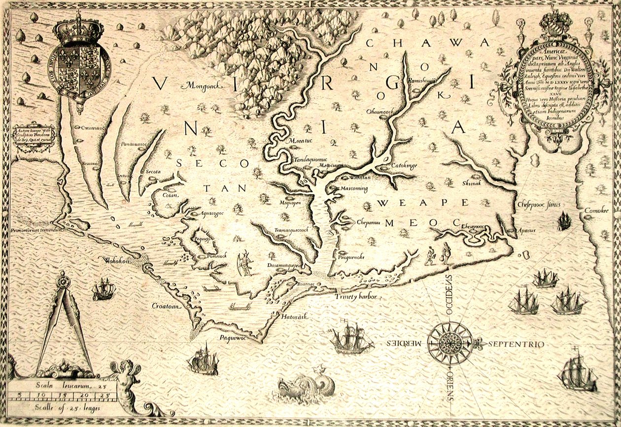 1590-es térkép, amelyet Theodore de Bry metszett John White angol gyarmatosító, Roanoke kormányzójának akvarellje után. Virginia és a part kis szigetekkel és Roanoke a folyó torkolatánál. Secotan és Weapemeoc szülőföldjei. alkotó: Theodor de Bry