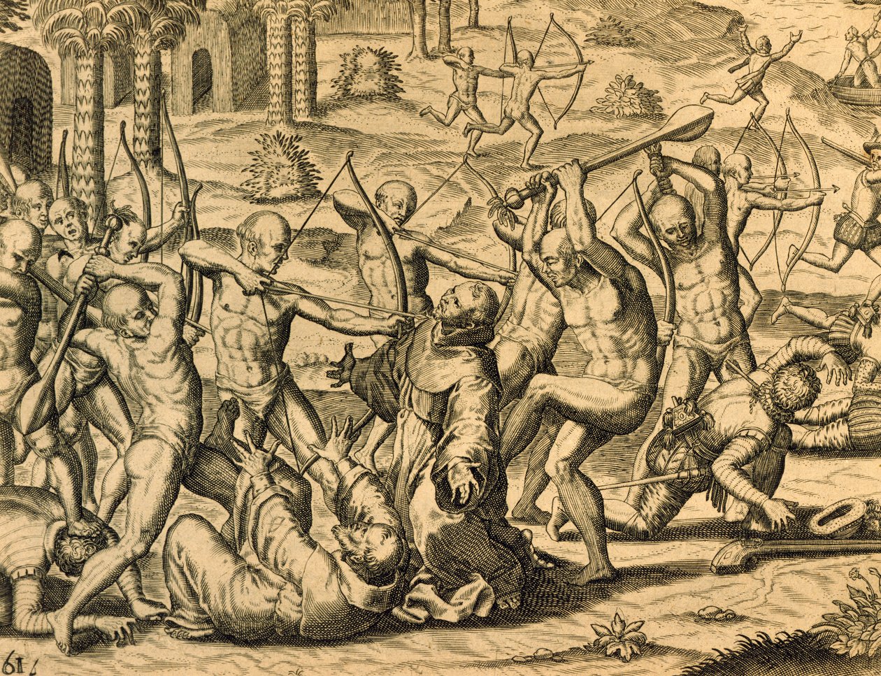 Missziós szerzetesek mártíromsága Dél-Amerikában, metszet a Historia americae-ból, Theodor de Bry (1528-1598), Frankfurt alkotó: Theodor de Bry