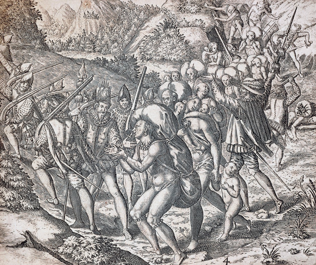 A bennszülötteket hajóra szállják, hogy rabszolgaságba viszik őket Sevillába, metszet: Theodor de Bry (1528-1598), Antillák alkotó: Theodor de Bry