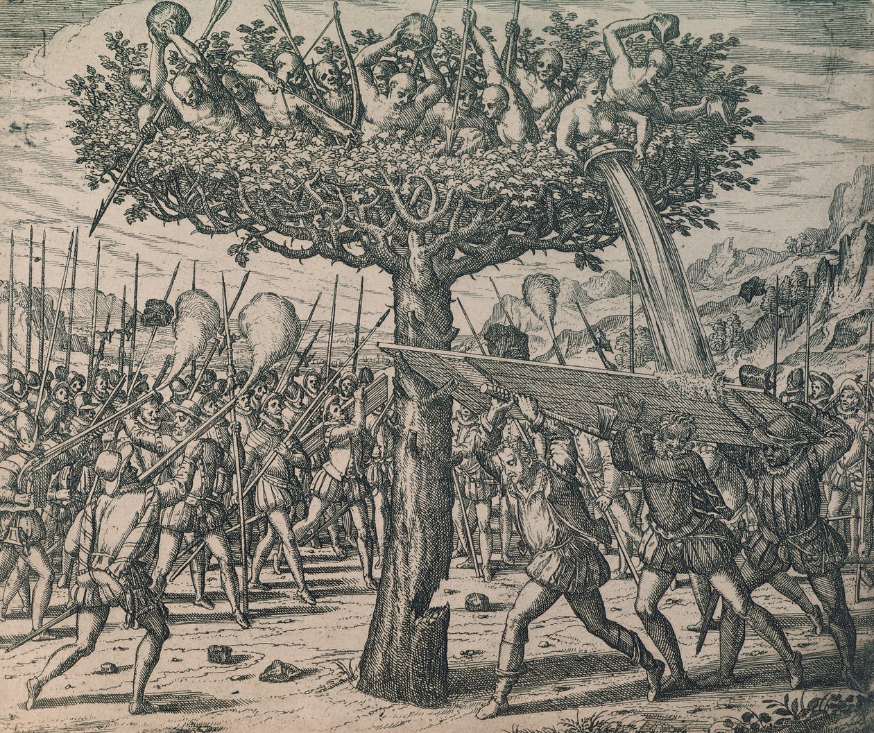 A fákon bujkáló bennszülöttek harcolnak a hódítók ellen alkotó: Theodor de Bry