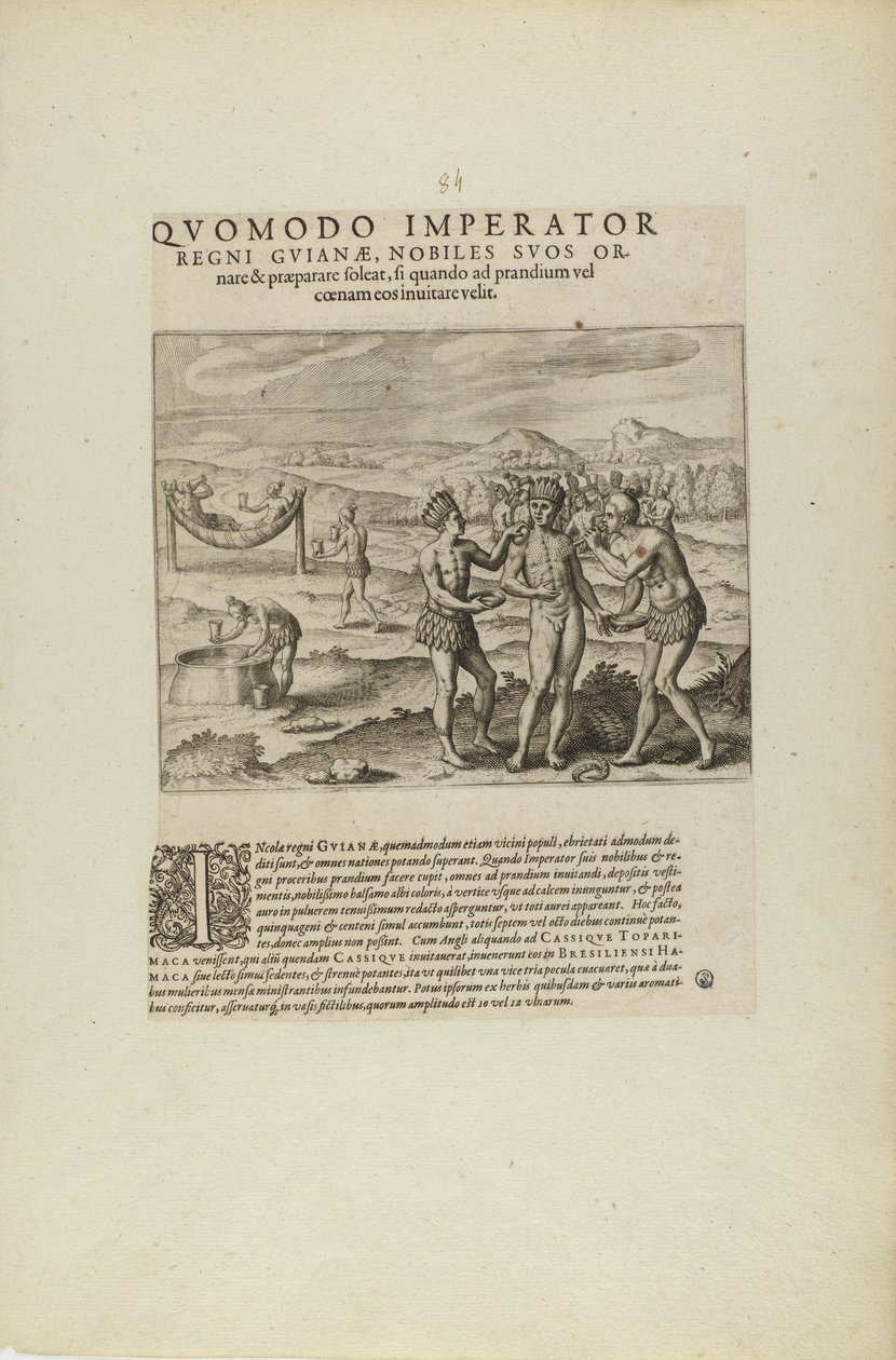 Quomodo Imperator/Regni Guianae, Nobiles Suos Or-/Nare.... (a könyvből, Americae, hetedik és nyolcadik rész) alkotó: Theodor de Bry