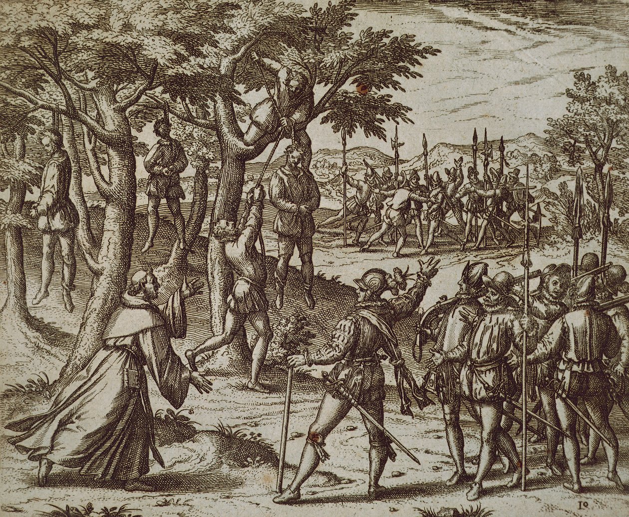 Ítélet Kolumbusz Kristóf néhány ember felakasztására az Újvilágban, Theodore de Bry alkotó: Theodor de Bry