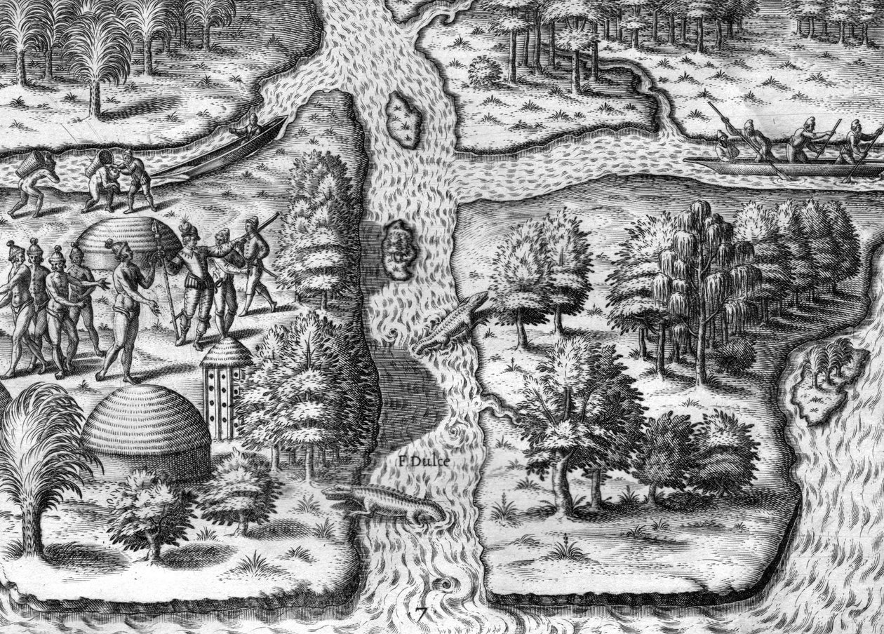 A francia expedíció Charlesfortban, Parris Islanden állomásozott... alkotó: Theodor de Bry