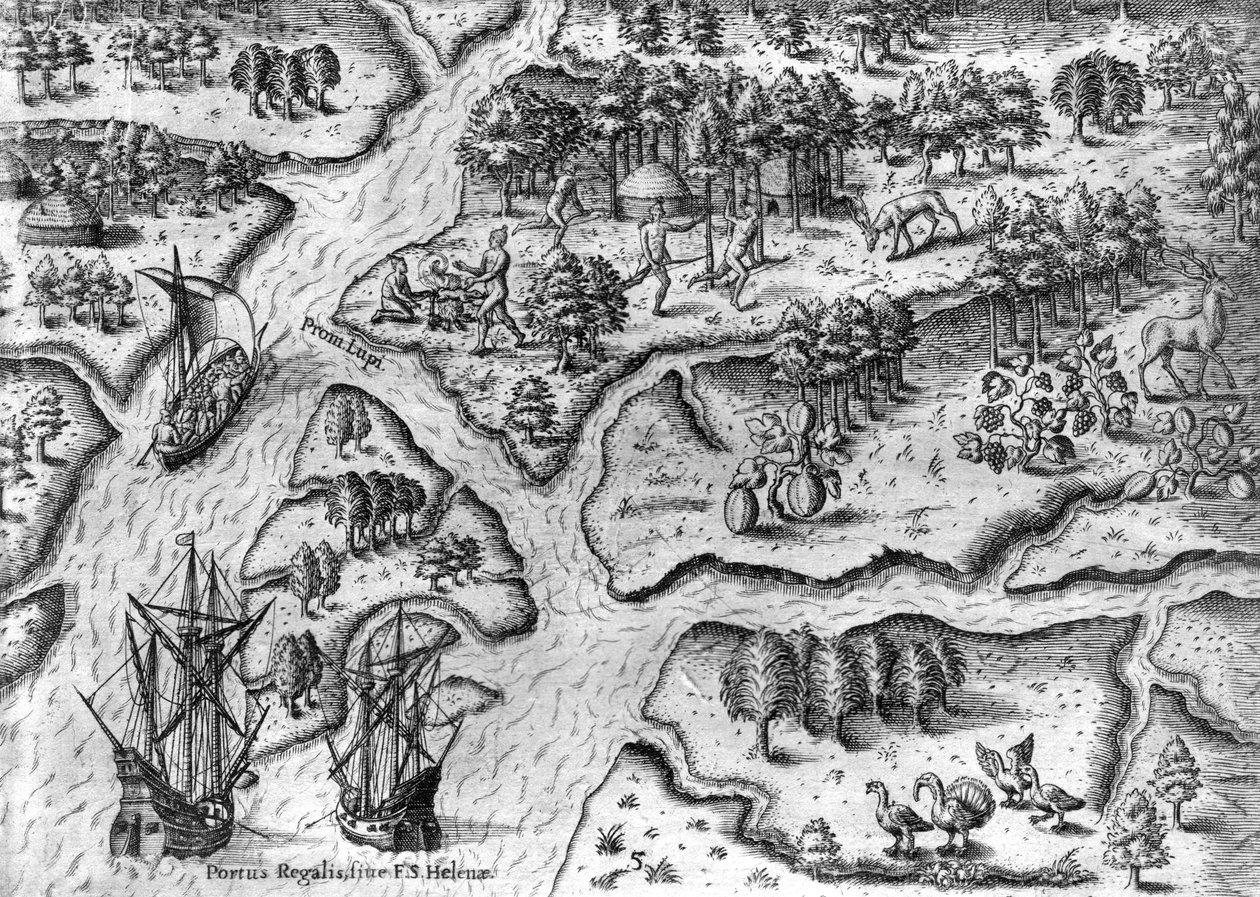 A francia expedíció a floridai Port Royalban száll le. alkotó: Theodor de Bry