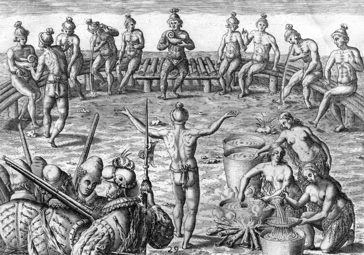 Timucua indián a francia felfedezőkkel alkotó: Theodor de Bry